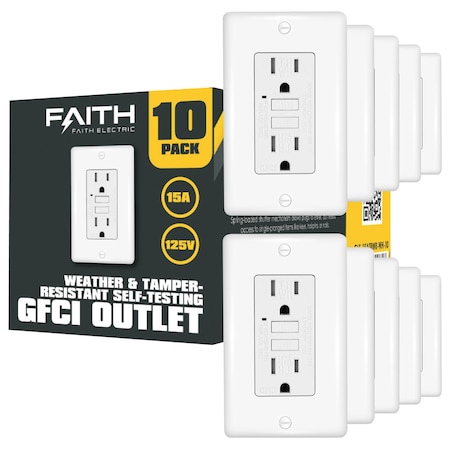 Faith 20A Outdoor GFCI Outlets Slim, Weather/Tamper-Resistant GFCI Duplex, Self-Test, White, 10PK GLS-15ATRWR-WH-10